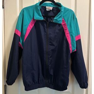 Vintage 90s 3-2-1‎ Action Green Pink Blue Colorblock Windbreaker Jacket Wmn S
